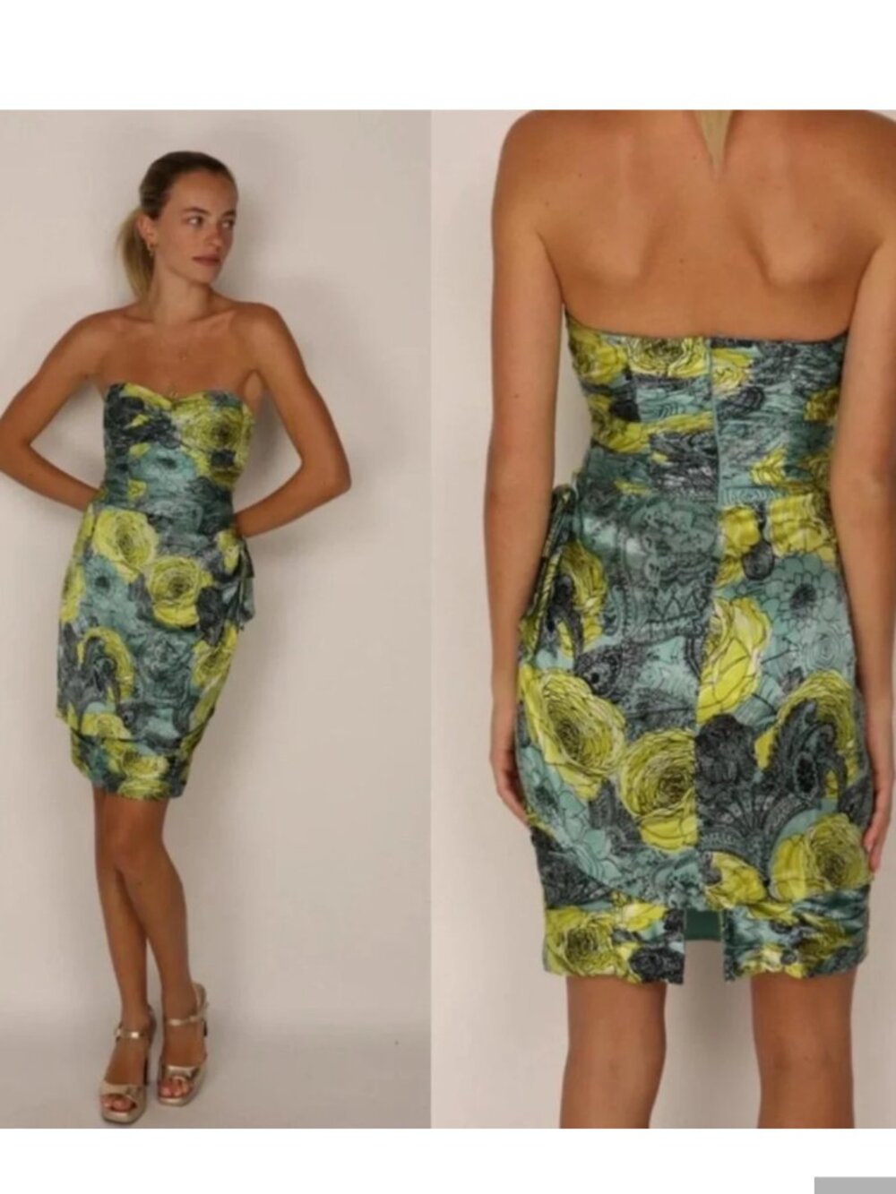 Nannette Lapore dress 2 mini strapless green aqua yellow